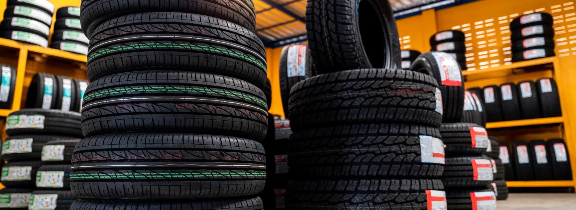 New tires, Car tires at warehouse. Automobile industry.